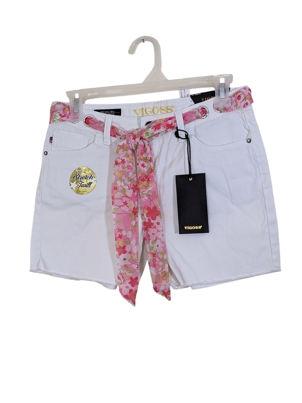 Vigoss Jeans White Girls 16 Stretch Twill Jean Shorts Pink Floral Scarf Belt
